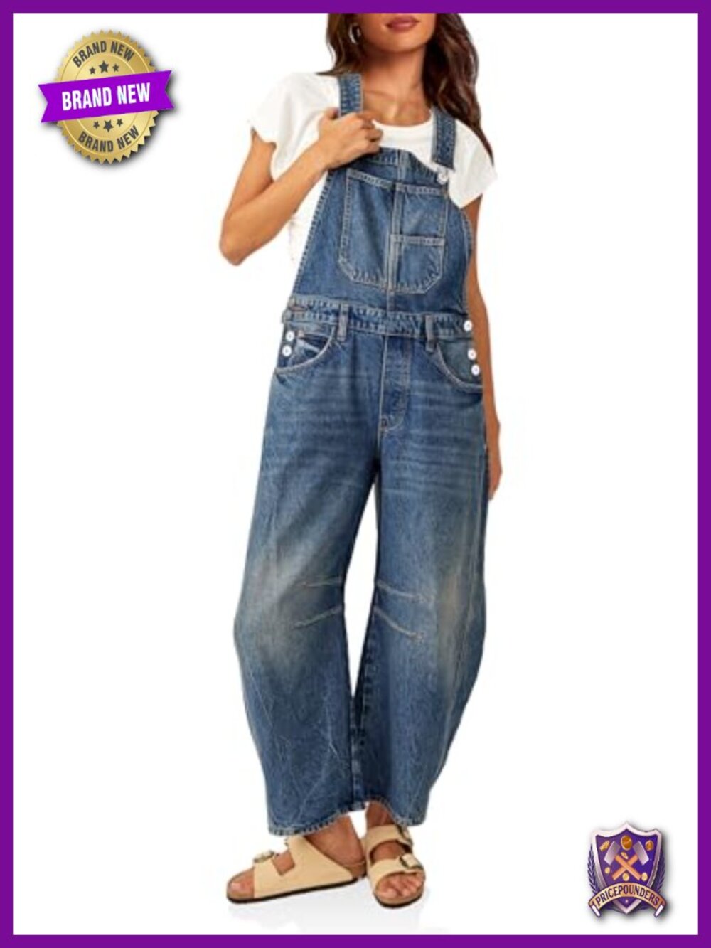 PLNOTME Womens Denim Bib Overalls Barrel Leg Adjustable Strap